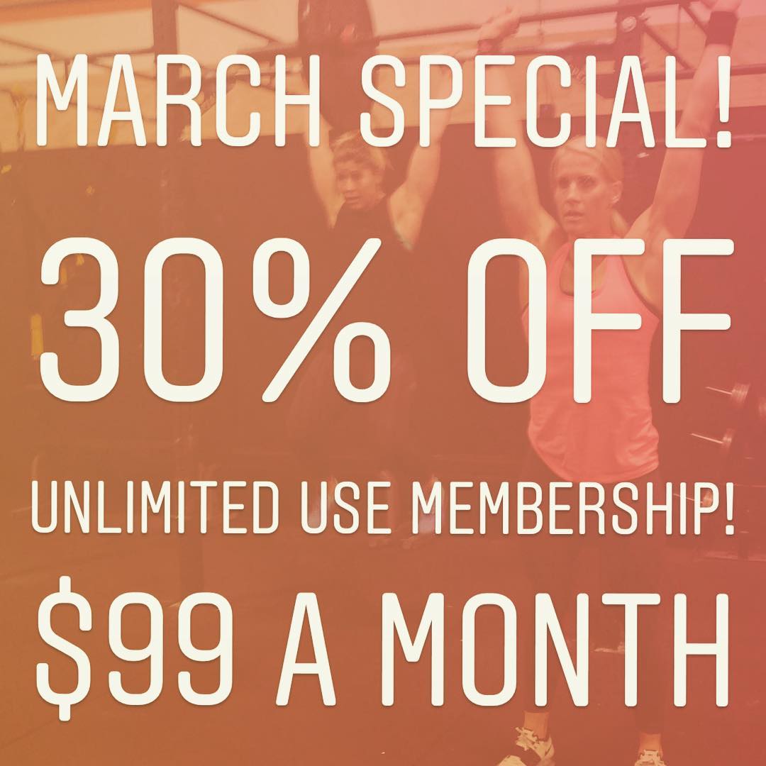 Grab it while it lasts! March special 30% off membership! $99 a month for unlimited CrossFit and Metcon classes!! Don’t miss out! Sale ends in March