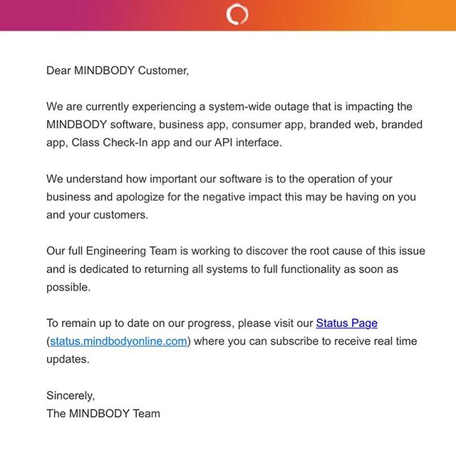 @mindbodyonline is down! All classes are running! 9:30am, 4:30pm, 5:30pm, and 6:30pm
