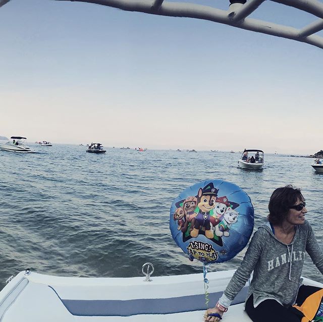 Trans Tahoe relay 2018! My mom swam awesome, and so did her team!! And yes, that is a Paw Patrol balloon. It was the swimmer landmark to find our boat! @brewerdentistry