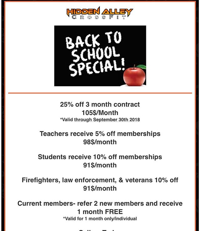 Back to school special!!! HUGE savings for anyone interested in getting stronger, leaner, and more athletic! Take notice of the additional discounts for teachers, students, fire fighters, police officers, and veterans