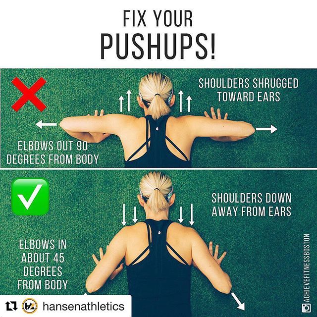 We see it all too often! Time to fix that mistake and keep those shoulders safe @hansenathletics
・・・
ARE YOU MAKING THESE COMMON PUSHUP MISTAKES??
–
Here with some pushup tips for you! As you can see in the top photo, I’m shrugging my shoulders and allowing my elbows to point straight out at a 90 degree angle from my body. This not only over-engages the upper trap muscles, which tend to be overdeveloped already, but it also puts the shoulders in a vulnerable position. If you ever experience shoulder discomfort during pushups, this positioning error may be the cause!
–
In the bottom photo, you can see that I have “anti-shrugged” my shoulders by creating space between my upper traps and ears. This helps to engage the lat muscles and relaxes the upper traps. I also have my elbows closer to my body, pointing about 45 degrees away, which helps to keep my shoulders in a more optimal position! This is a general guideline and there’s definitely some wiggle room with the elbow angle, but somewhere in this vicinity will be ideal!
–
Share with a friend who’s working on their pushups, and give this post a double tap if you found it helpful!
Photo: @achievefitnessboston