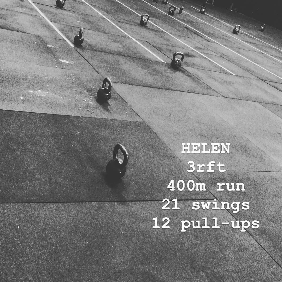 *****BENCHMARK DAY*****
Today’s WOD is my personal favorite CrossFit “HELEN”
I believe that this workout is all things CrossFit. It’s a shorter workout, and the volume is moderate so it encourages high intensity. Run hard all the way to your kettlebell. Pick it up immediately and start. Swings should be unbroken. Drop the kB and hop up to your bar and start the pull-ups. Repeat, keeping the same pace and intensity. POST your times to this comment and notify if it’s a PR