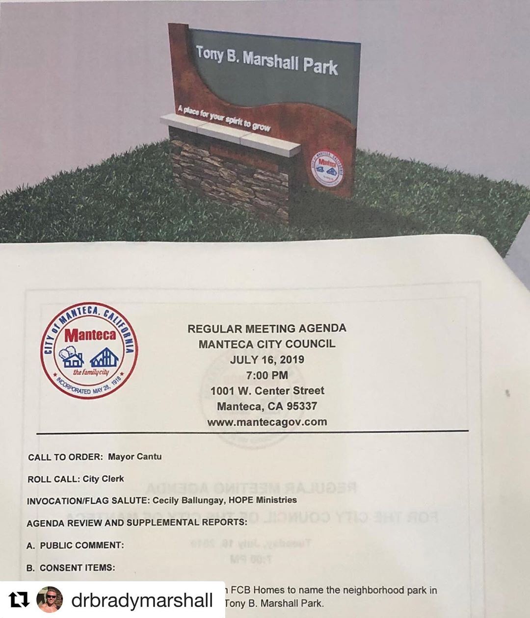 We can’t wait to see it either @drbradymarshall @drbradymarshall
・・・
Today the Manteca City Council approved the new park to be named after my dad. We are very grateful for all the people who made this happen. I can’t wait to see it.