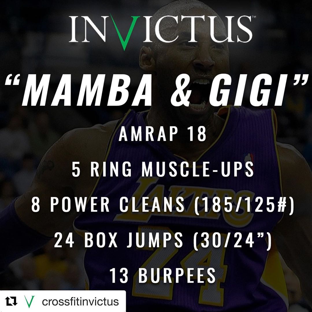 Program revision for Tuesday’s Metcon (1/28/20). In memory of a legend, and a legend in training, we will be completing this workout. This tragedy is a reminder that we need to cherish those who are close to us. Don’t forget to tell those close to you that you love them @crossfitinvictus
・・・
Today’s tribute to the legendary NBA allstar who’s work ethic remained unparalleled over the years #8 #24 —
This workout, originally posted by us on April 13th, 2016 in honor of his retirement after 20 years in the NBA, now pays tribute to his life and career as well as his daughter. 18 minutes for 18 consecutive All-Star games, 5 muscle-ups for 5 NBA rings with the Lakers, 8 power cleans for #8, 24 box jumps for #24, and we have added on 13 burpees to the original workout to commemorate his 13-year-old daughter Gigi who passed away in the crash as well.